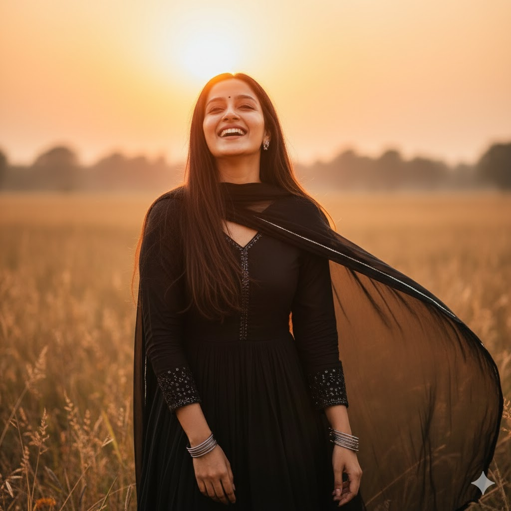 A girl playing a guitar, surrounded by musical notes